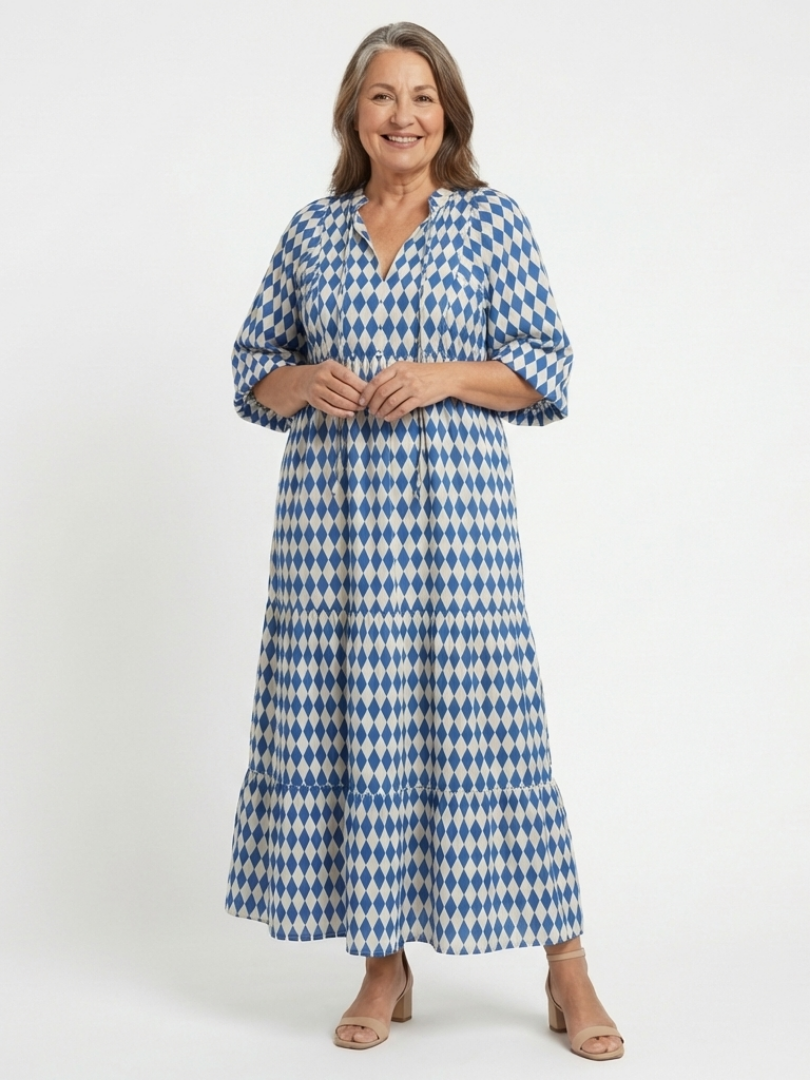 Elodie | Vestido con estampado de diamantes y falda con volantes