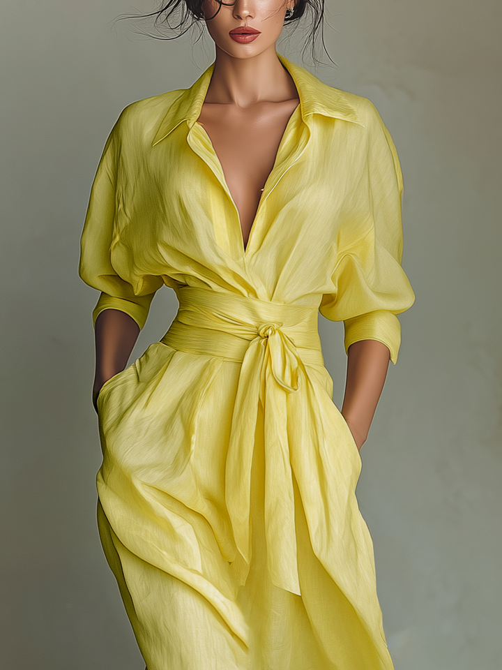 Ropa Maxi Camisa Mujer En Amarillo Limón Mezcla De Algodón Y Lino Con Cinturón Para Atar & Mangas Tres Cuartos MDZ2884A4T