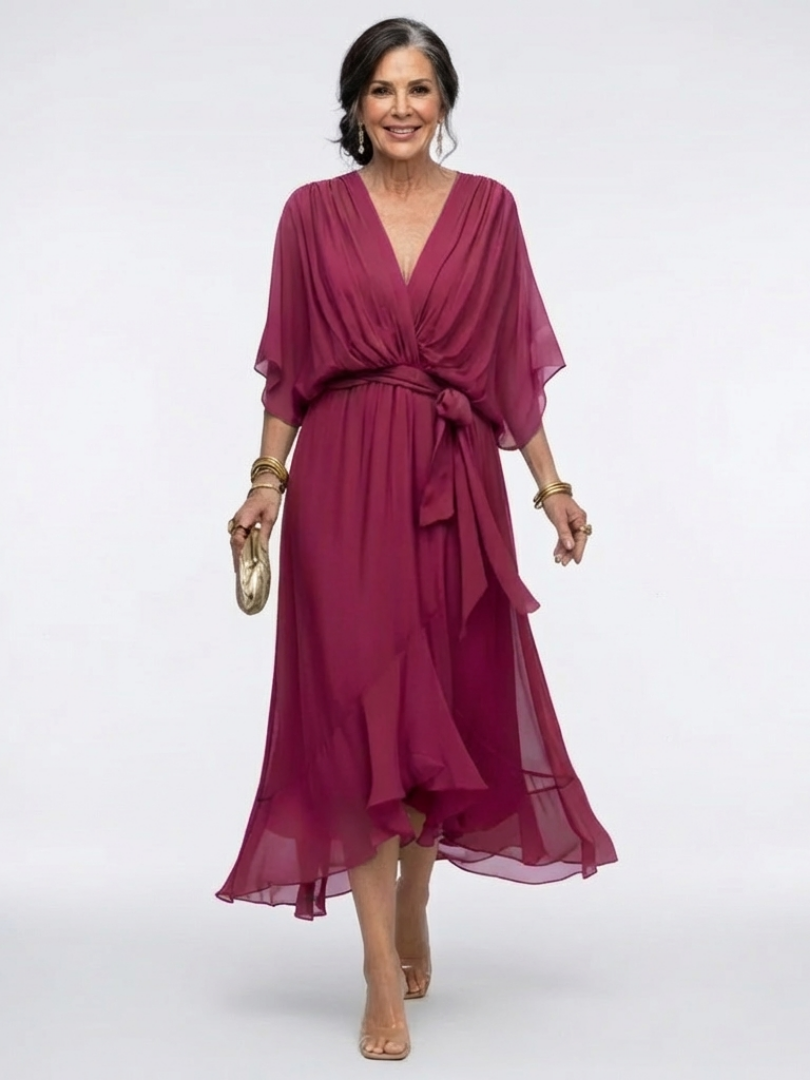 Elysia | Vestido midi drapeado con escote en V y cinturón en la cintura