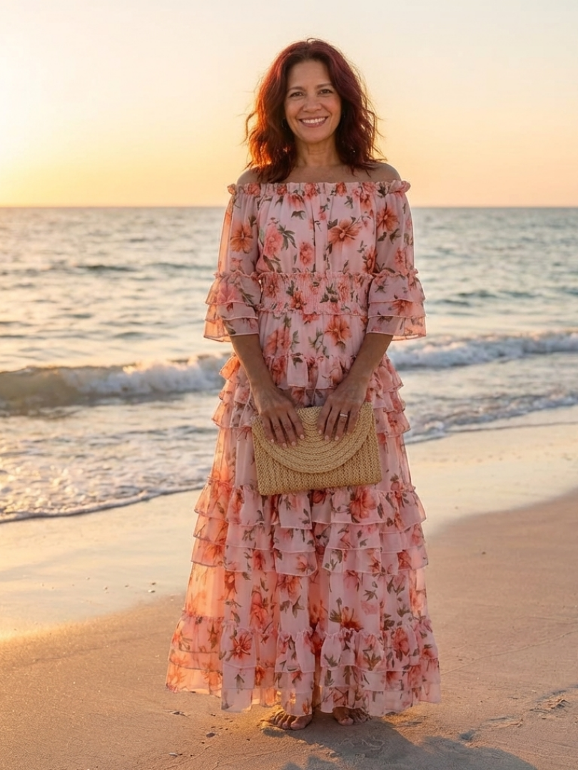 Rosalie | Vestido Maxi con Volantes Florales y Hombros Descubiertos