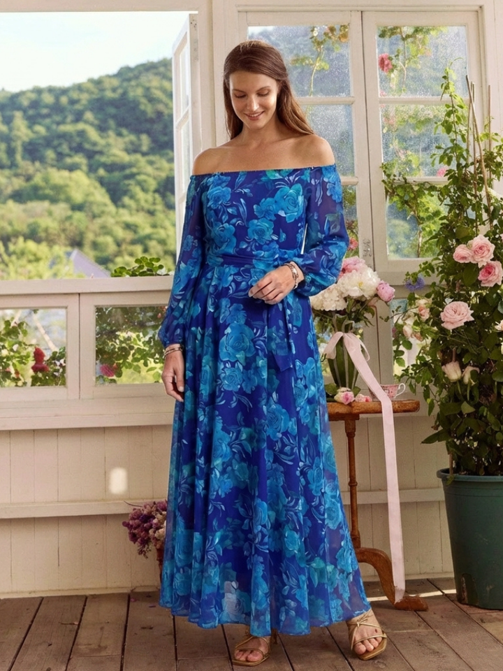 Aspen | Vestido Maxi de Hombros Descubiertos con Flores
