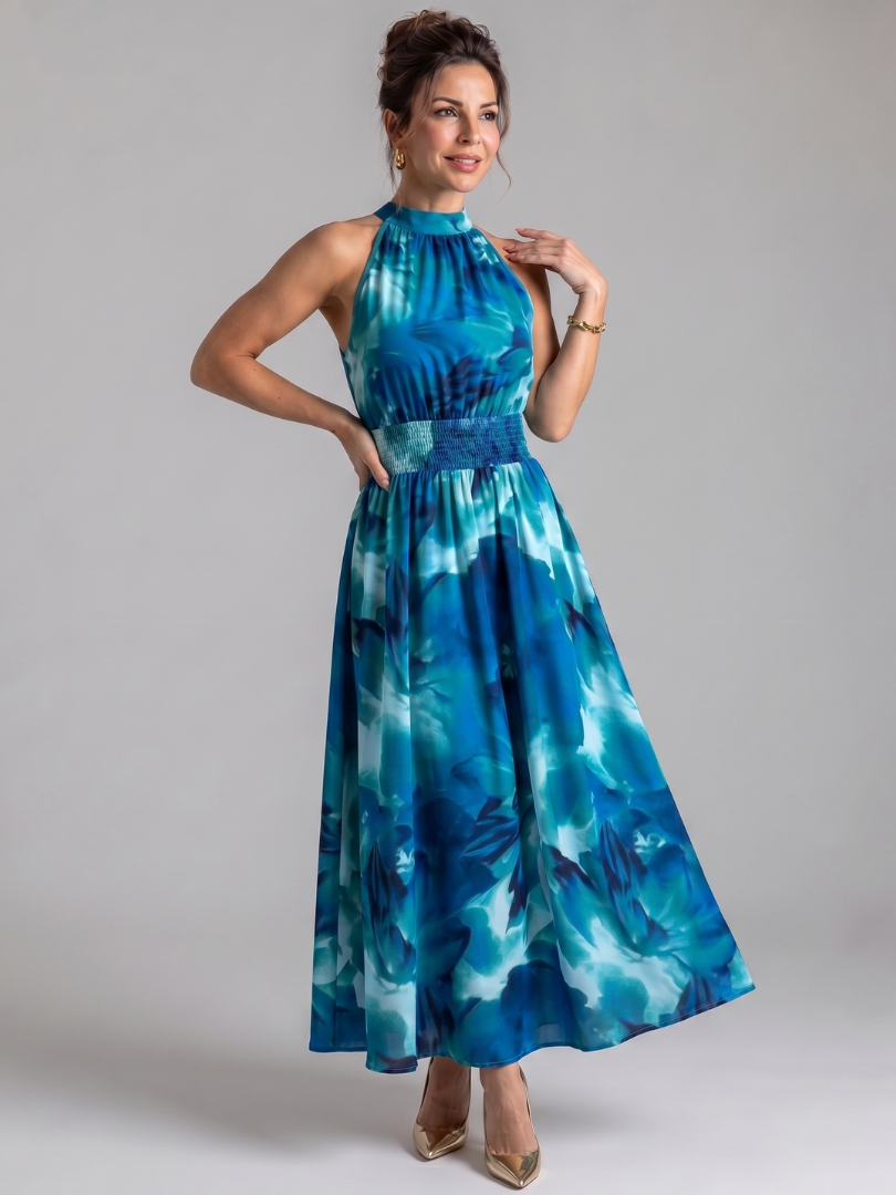 Olivia | Vestido midi con cintura fruncida y estampado abstracto
