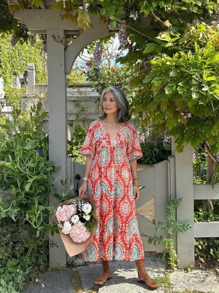 Zaria | Vestido midi con estampado paisley y escote en V con mangas cortas