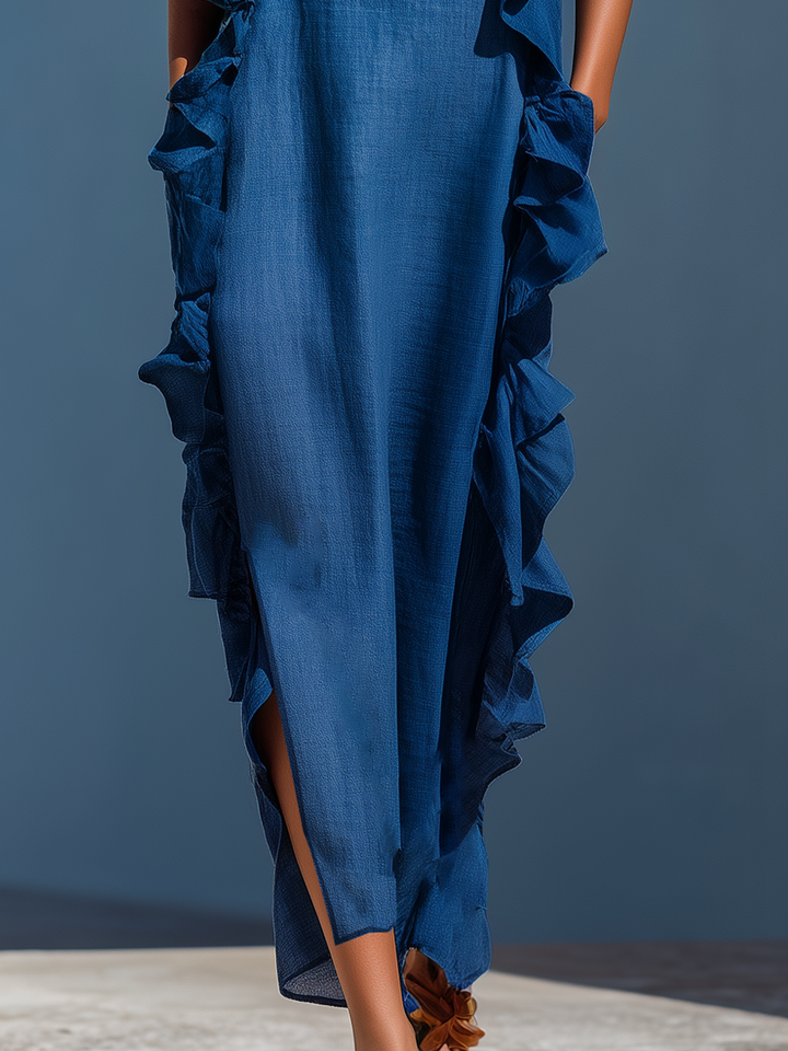 Ropa Maxi de Tirantes Espagueti en Mezcla de Lino Azul con Volantes para Mujeres MDZ2407D1T