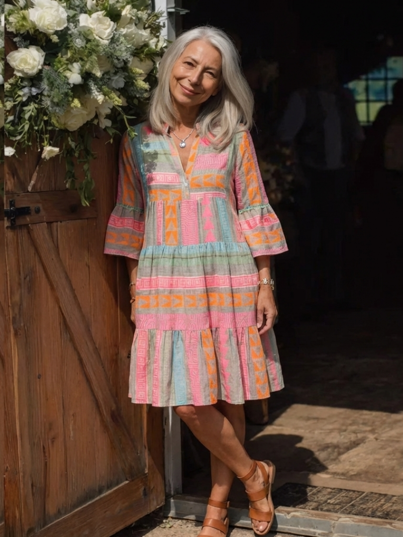 Maelle | Vestido con escote en V y estampado geométrico, largo hasta la rodilla