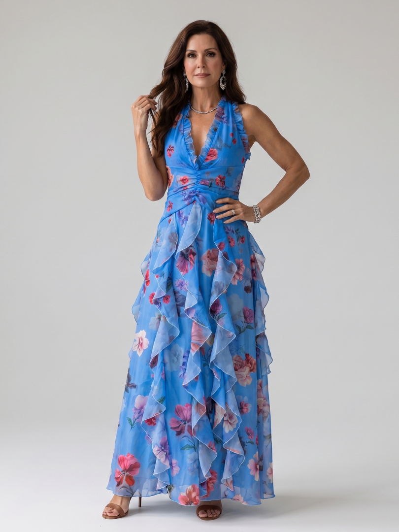 Nori | Vestido Maxi con Escote Halter y Corsé Fruncido Floral