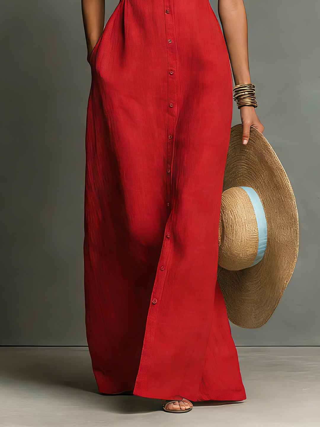 Vestido Camisa Maxi Sin Mangas con Cuello Minimalista en Mezcla de Lino para Mujeres MDZ1011C0Y