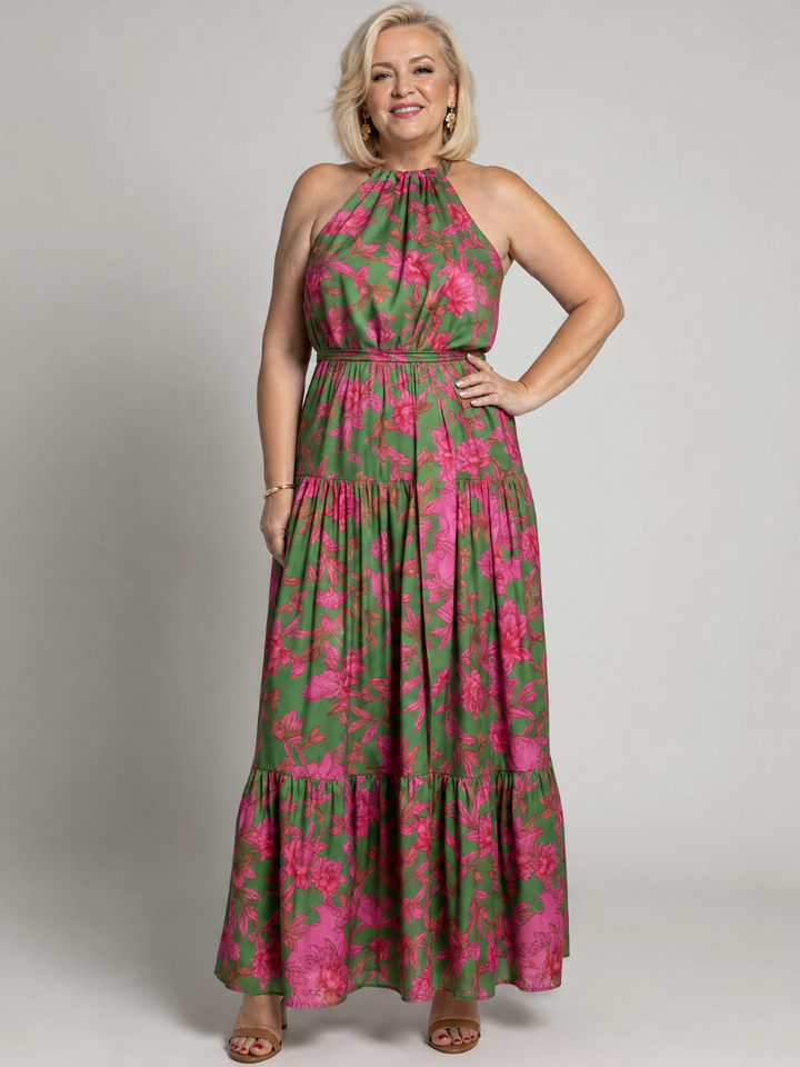 Rowen | Vestido Midi Drapé con Cuello Halter