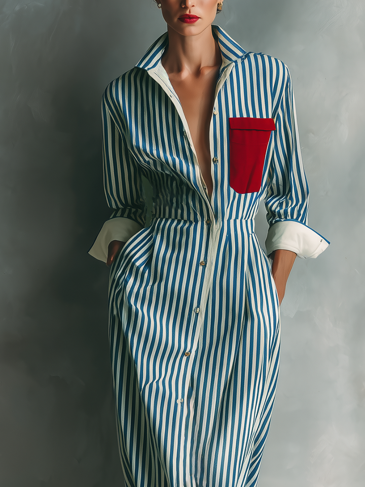 Vestido Camisero Rayado En Mezcla De Algodón Azul Y Blanco Para Mujeres Con Bolsillo Rojo MDZ1286C2T