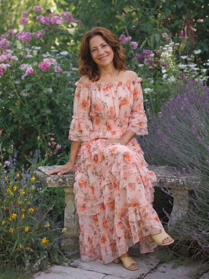 Rosalie | Vestido Maxi con Volantes Florales y Hombros Descubiertos