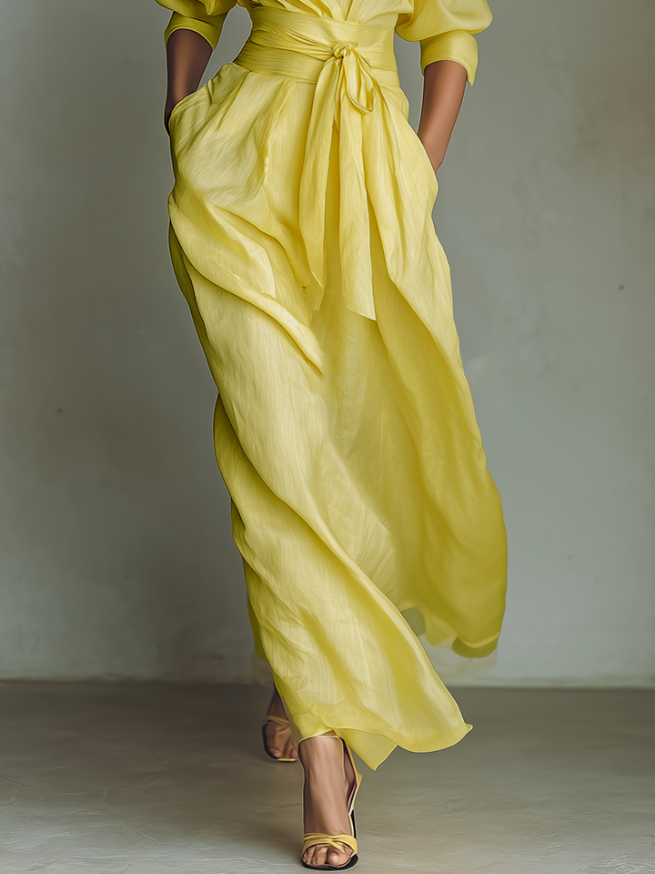 Ropa Maxi Camisa Mujer En Amarillo Limón Mezcla De Algodón Y Lino Con Cinturón Para Atar & Mangas Tres Cuartos MDZ2884A4T