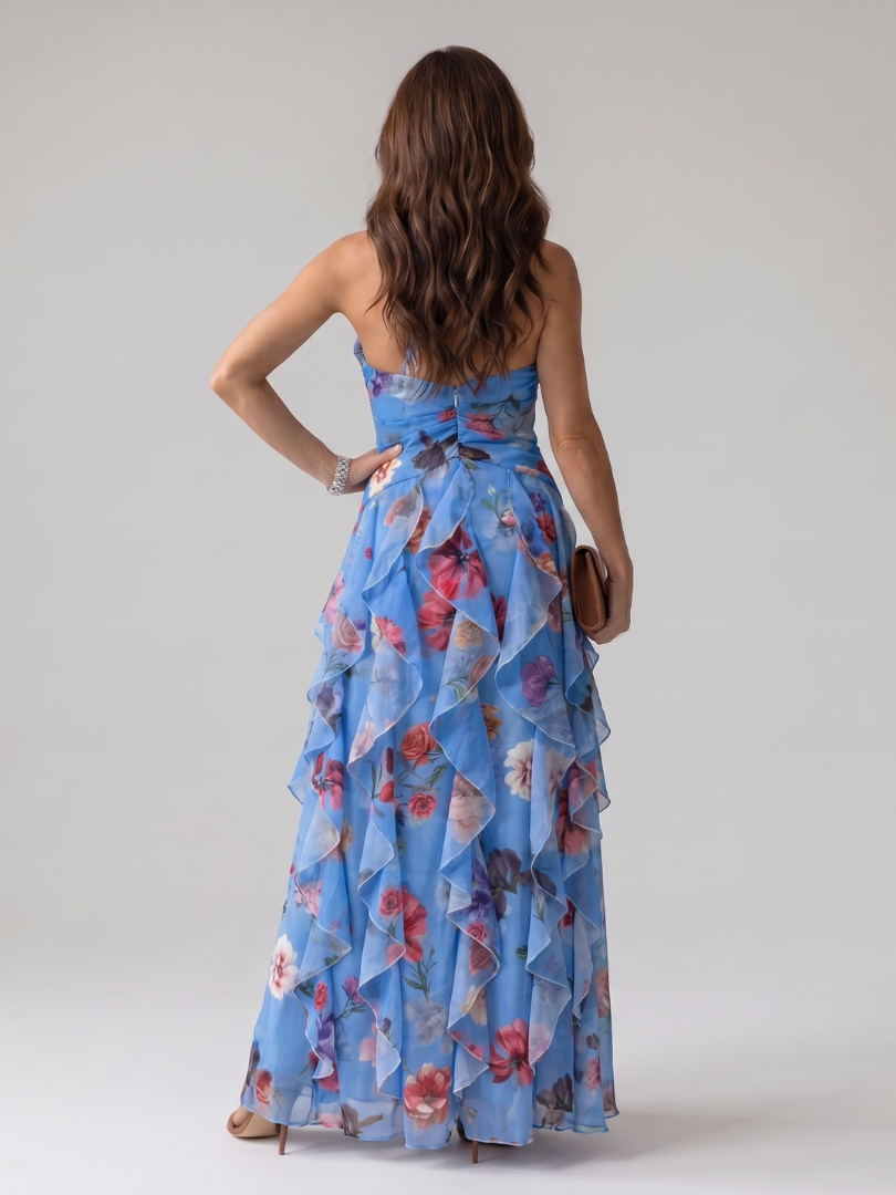 Nori | Vestido Maxi con Escote Halter y Corsé Fruncido Floral