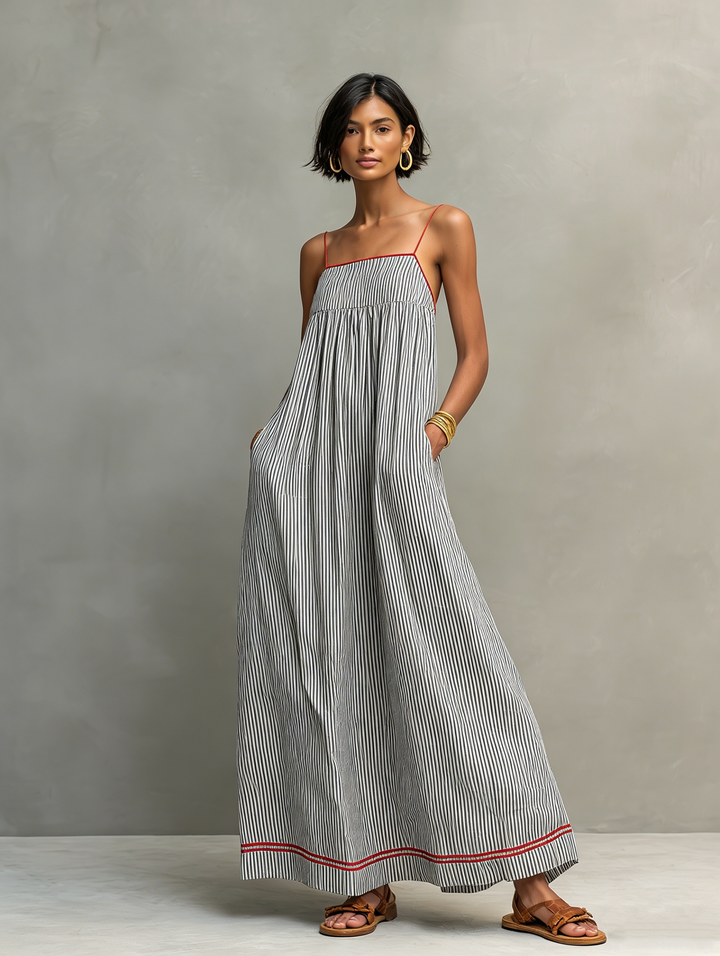 Vestido Maxi Rayado Minimalista para Mujeres con Acentos Rojos y Tirantes Espagueti MDZ2710C3Y