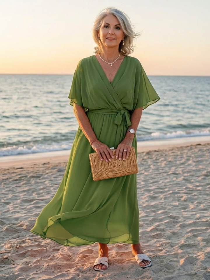 Elysia | Vestido midi drapeado con escote en V y cinturón en la cintura