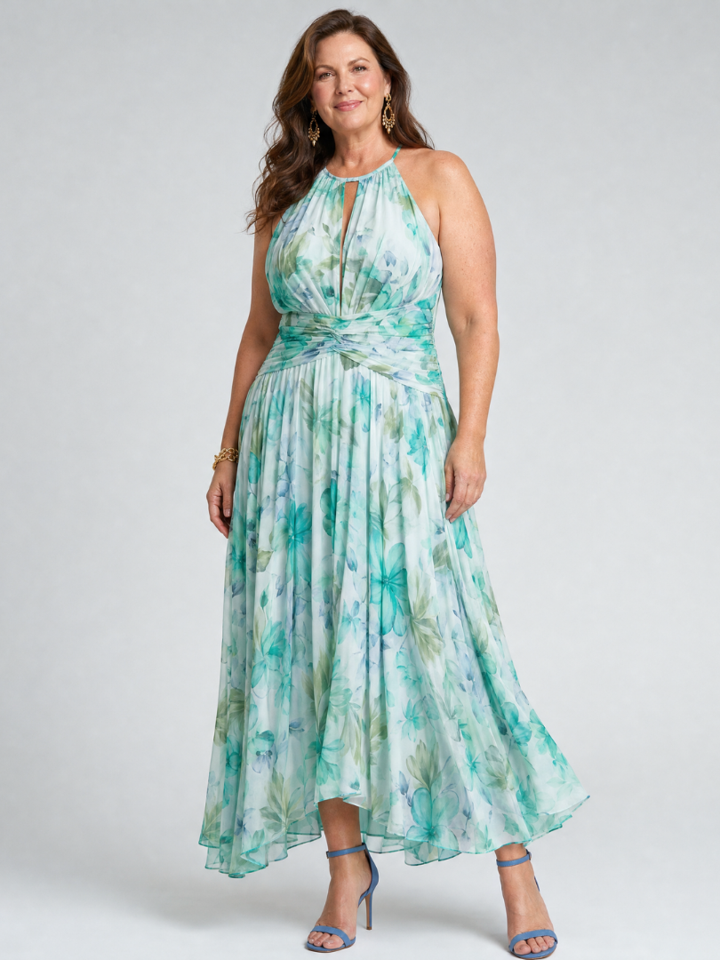 Portia | Vestido Midi de Flores Suaves con Escote Halter Plisado