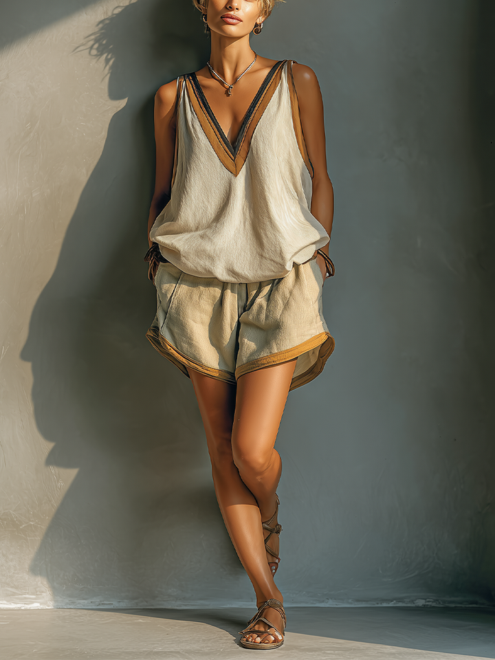Mujer Beige Mezcla Lino Contraste Cuello V Top & Short Caqui Dos Piezas MDZ2086C2T