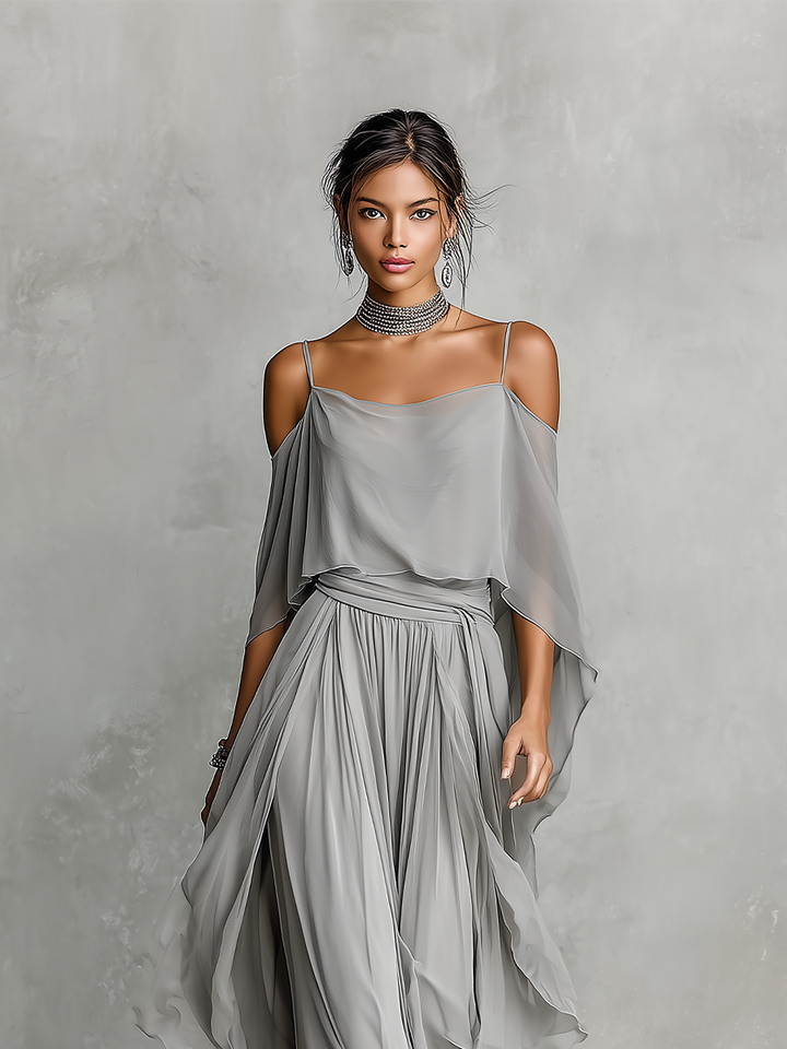 Conjunto de Chifón Transpirable Gris para Mujeres con Detalle de Hombro Descubierto & Silueta Acampanada, Estilo Femenino Lujo Contemporáneo MDZ2651B6I