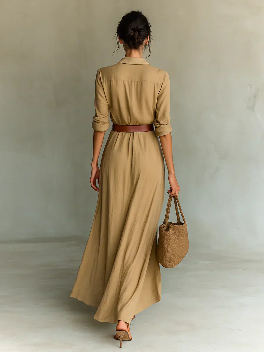 Camille™ | Vestido maxi con solapas y cinturón a la cintura