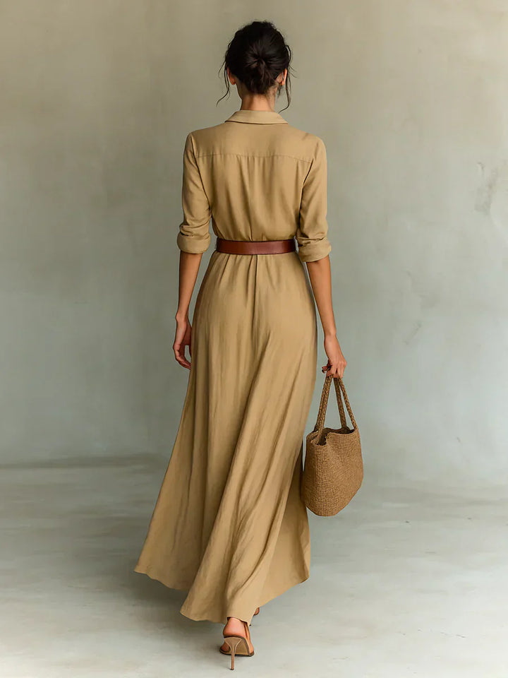 Camille™ | Vestido maxi con solapas y cinturón a la cintura