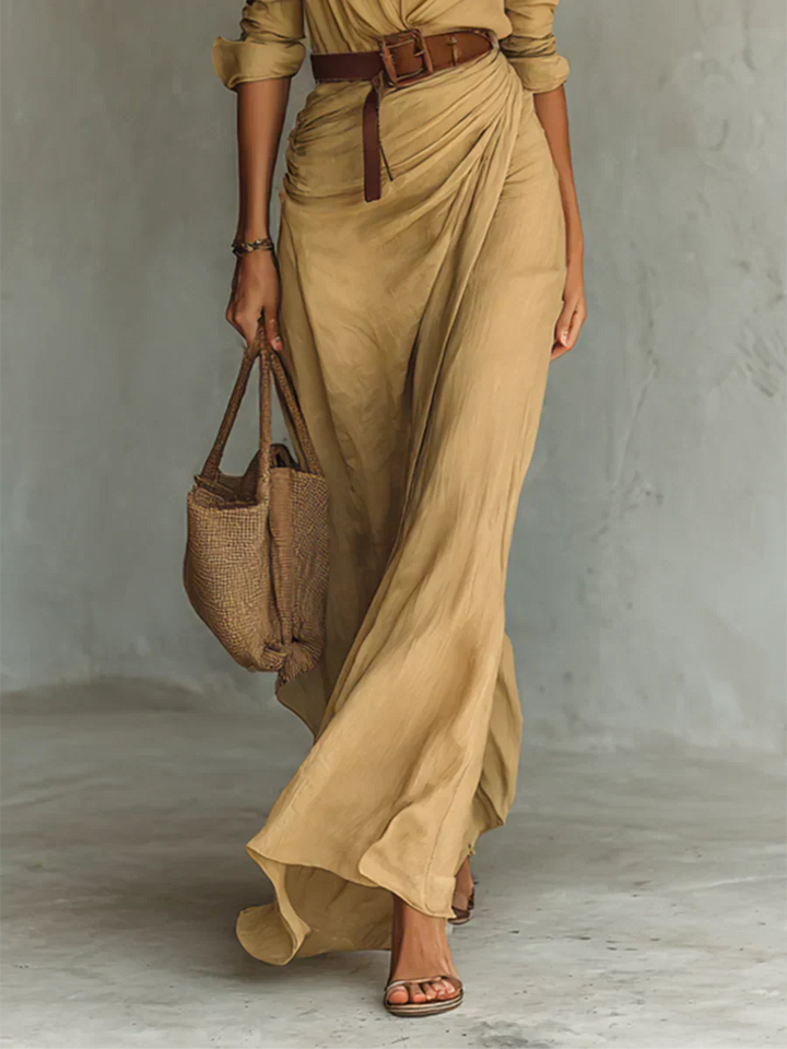 Camille™ | Vestido maxi con solapas y cinturón a la cintura