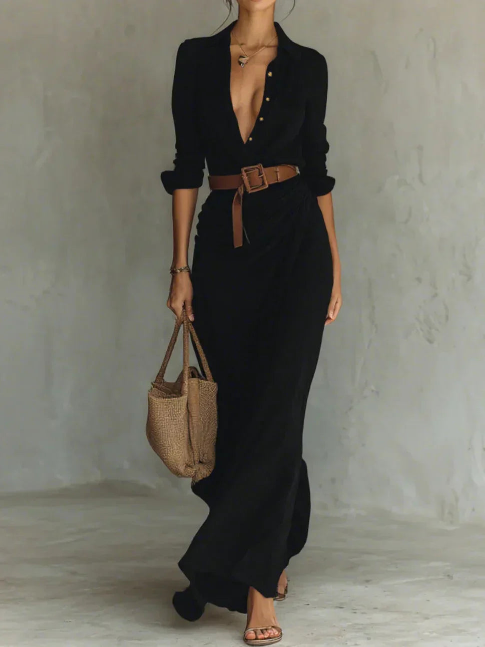 Camille™ | Vestido maxi con solapas y cinturón a la cintura