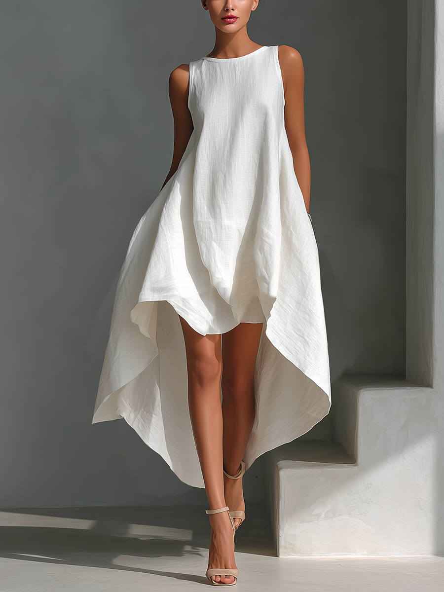 Ropa Midi Sin Mangas de Lino Blanco para Mujeres con Cuello Redondo y Dobladillo Asimétrico MDZ0987B9T