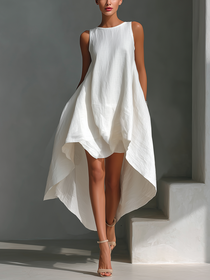 Ropa Midi Sin Mangas de Lino Blanco para Mujeres con Cuello Redondo y Dobladillo Asimétrico MDZ0987B9T