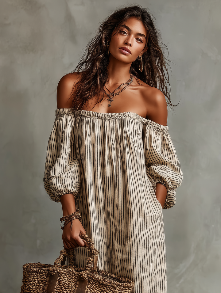 Ropa Maxi de Manga Larga en Mezcla de Algodón y Lino para Mujeres, Estilo Vacaciones, Hombros Descubiertos MDZ0481B5Y