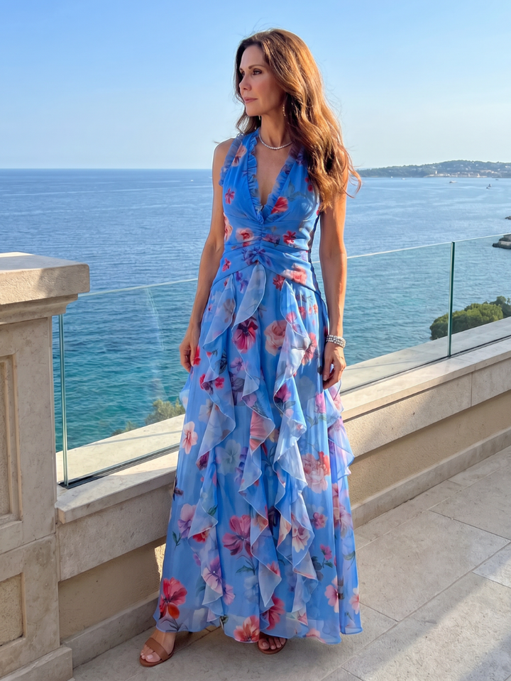 Nori | Vestido Maxi con Escote Halter y Corsé Fruncido Floral