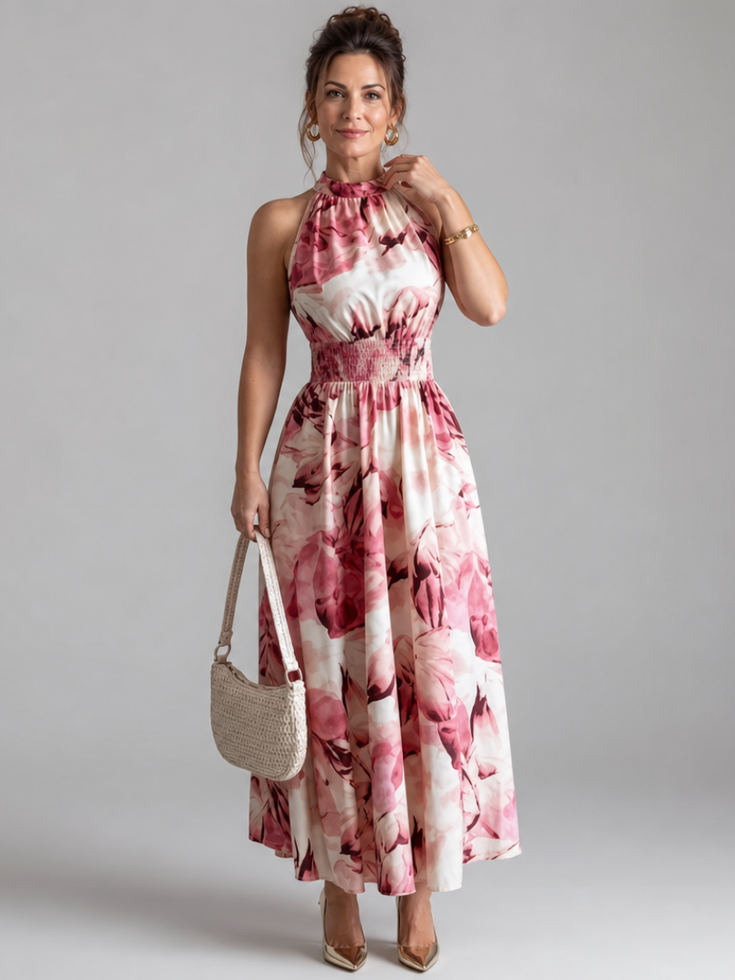 Olivia | Vestido midi con cintura fruncida y estampado abstracto