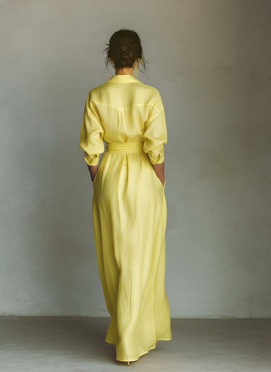 Ropa Maxi Camisa Mujer En Amarillo Limón Mezcla De Algodón Y Lino Con Cinturón Para Atar & Mangas Tres Cuartos MDZ2884A4T