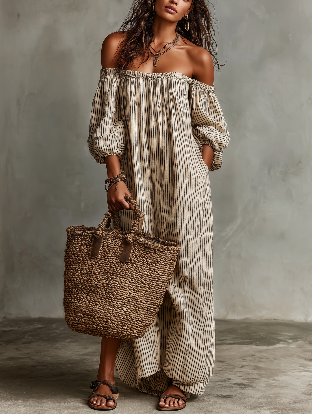 Ropa Maxi de Manga Larga en Mezcla de Algodón y Lino para Mujeres, Estilo Vacaciones, Hombros Descubiertos MDZ0481B5Y