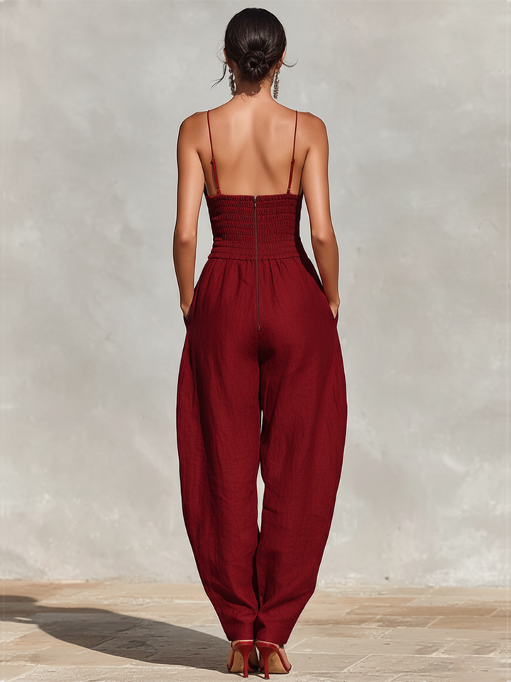 Mono de Lino Rojo para Mujeres con Tirantes Espagueti y Pantalón Plisado de Cintura Alta, Estilo Elegante y Romántico Atemporal MDZ1915C8I