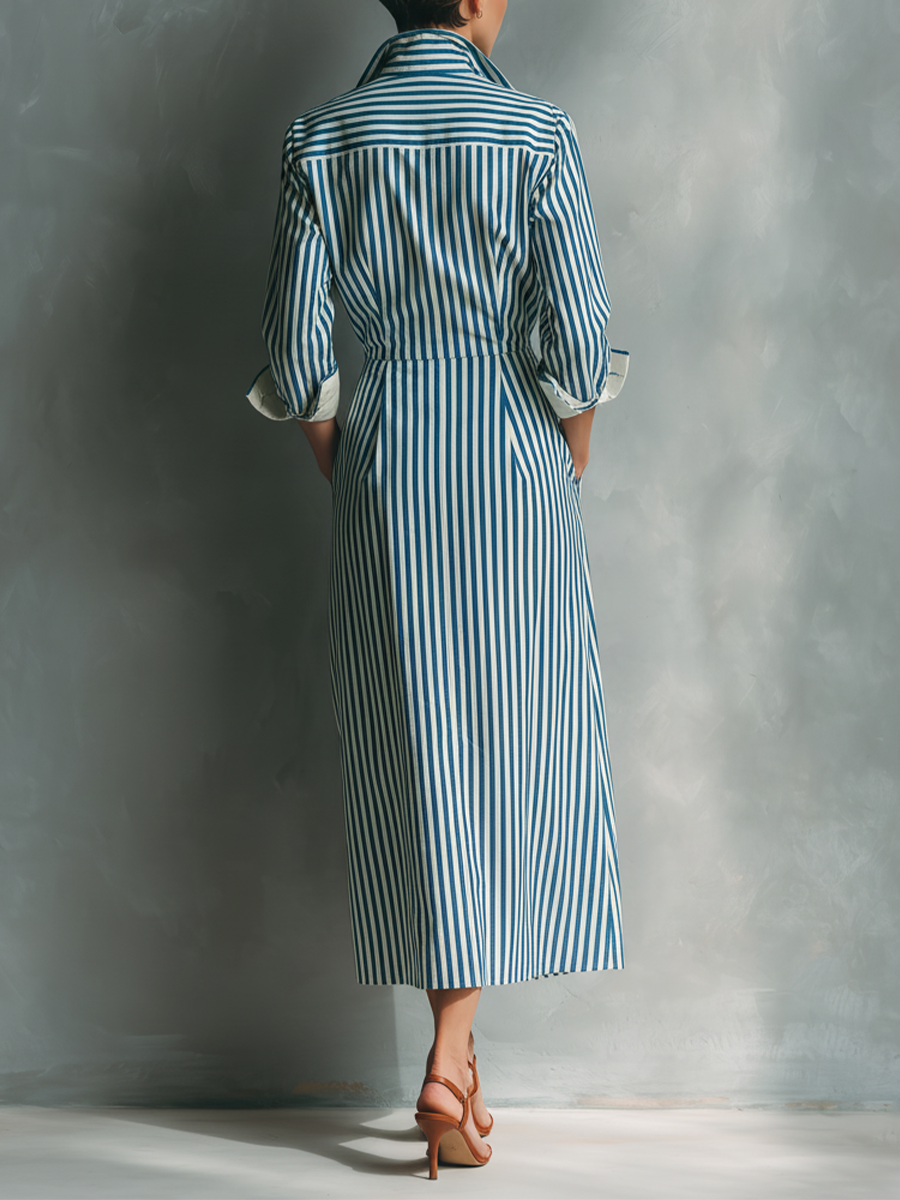 Vestido Camisero Rayado En Mezcla De Algodón Azul Y Blanco Para Mujeres Con Bolsillo Rojo MDZ1286C2T