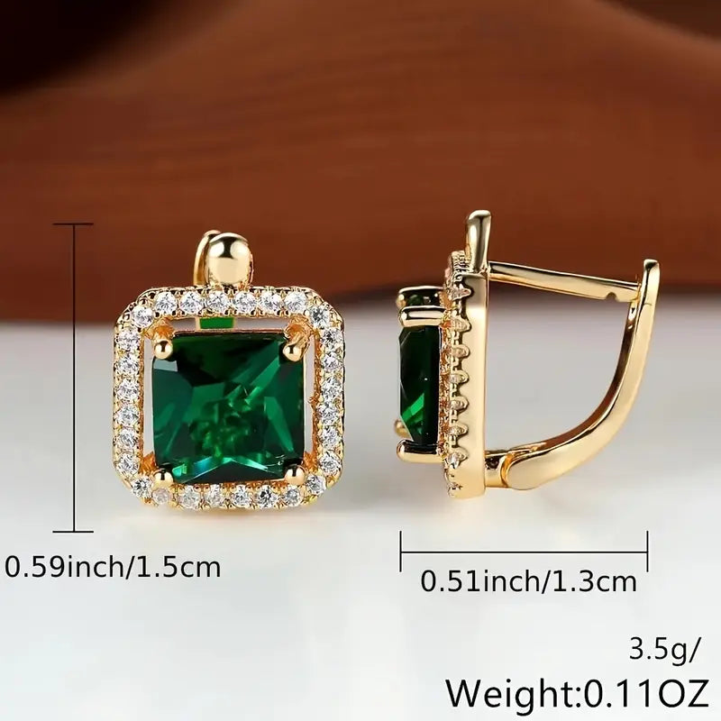 Pendientes de Oro con Zirconia Verde Cuadrada