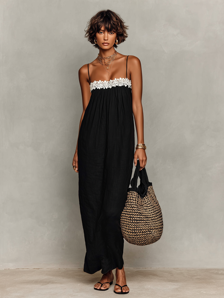 Vestido Maxi Sin Mangas en Mezcla de Lino Minimalista para Mujeres con Tirantes Espagueti MDZ1926C9Y