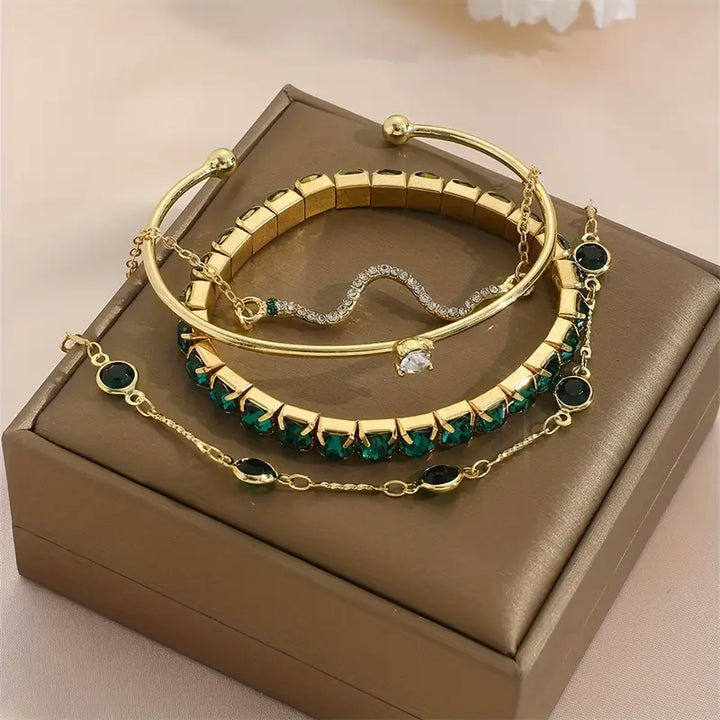 Conjunto de Pulseras de Piedra Preciosa Verde