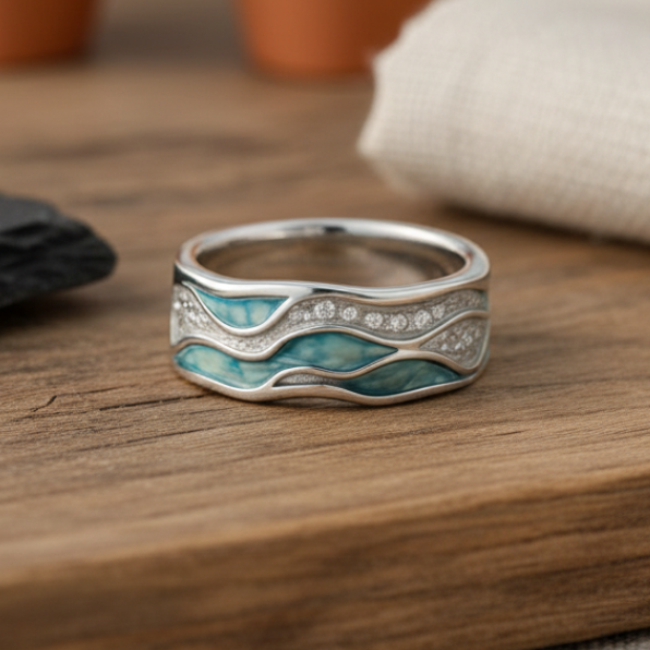 Anillo de Plata Elegante Turquesa con Motivos de Olas
