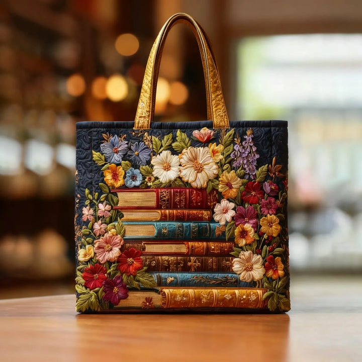 Bolsa artesanal – Impresión floral y libros