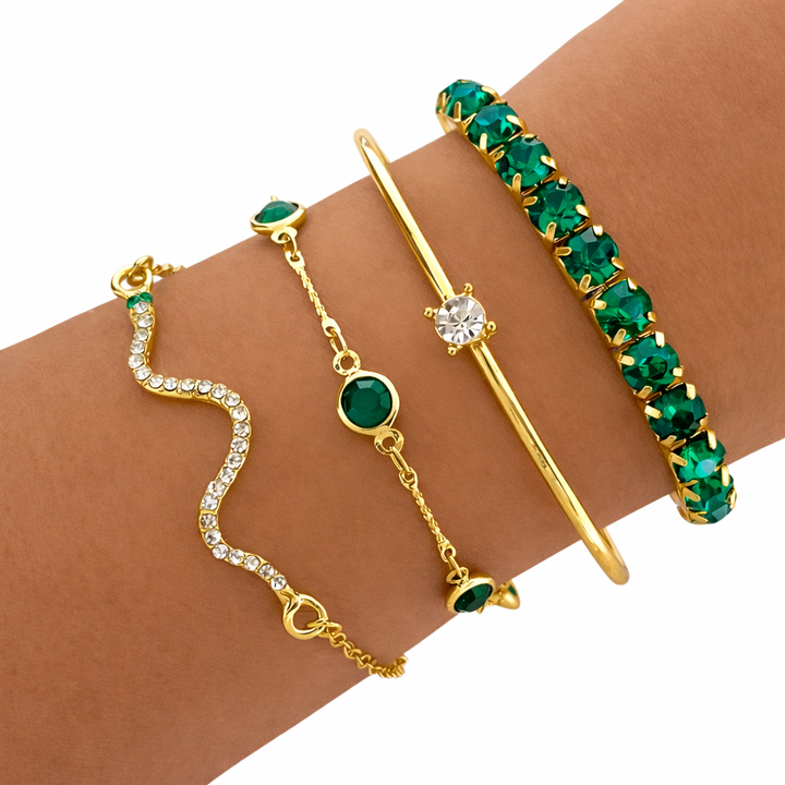 Luna | Conjunto de pulseras vintage verdes elegantes con cristales