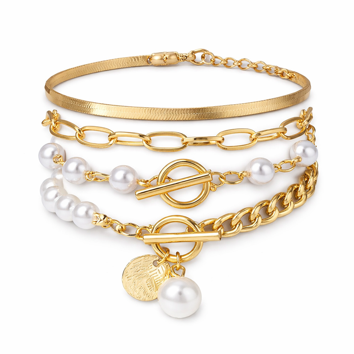 Conjunto de pulseras elegantes en oro (4 piezas) – serpiente, perlas y eslabones