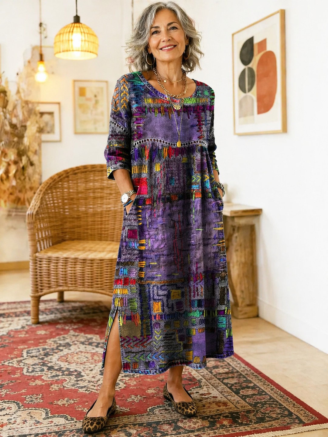 Manuela | Vestido de Denim con Patchwork Étnico