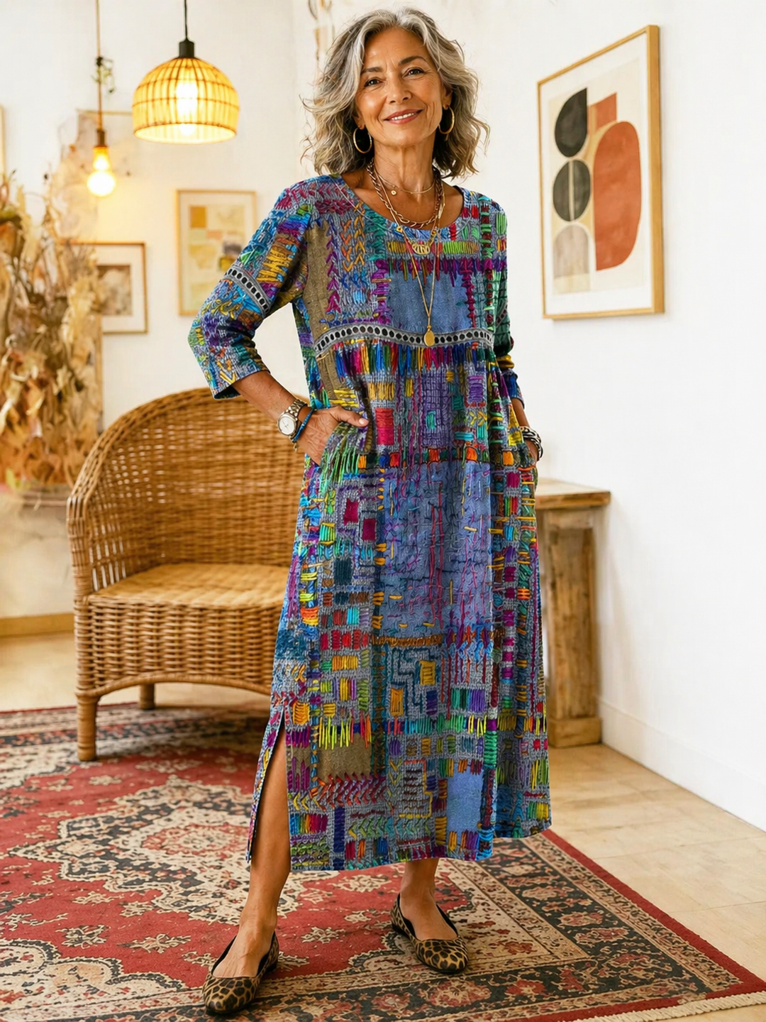 Manuela | Vestido de Denim con Patchwork Étnico