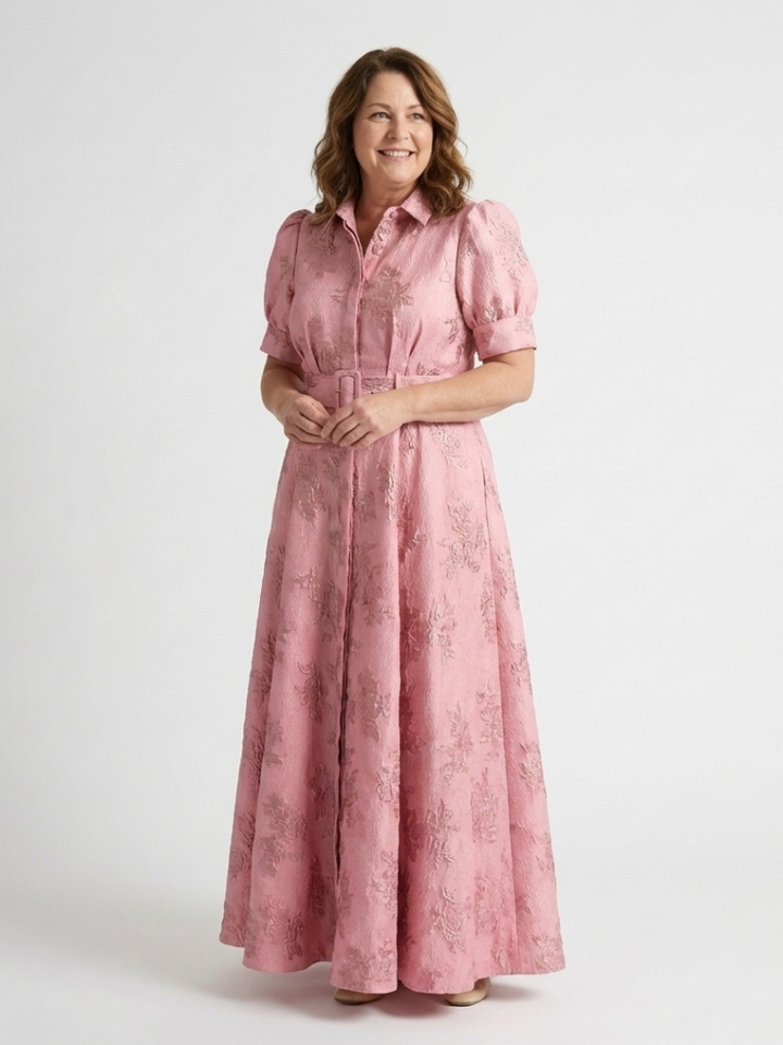 Xanthea | Vestido maxi de mangas cortas, ajustado, con estampado floral