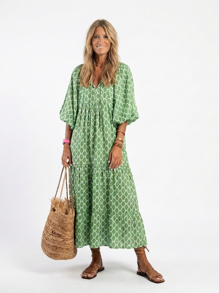 Apolline | Vestido midi de manga tres cuartos y escote en V con estampado