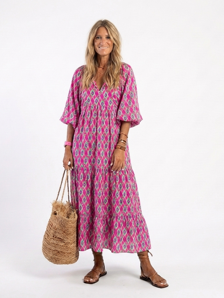 Apolline | Vestido midi de manga tres cuartos y escote en V con estampado