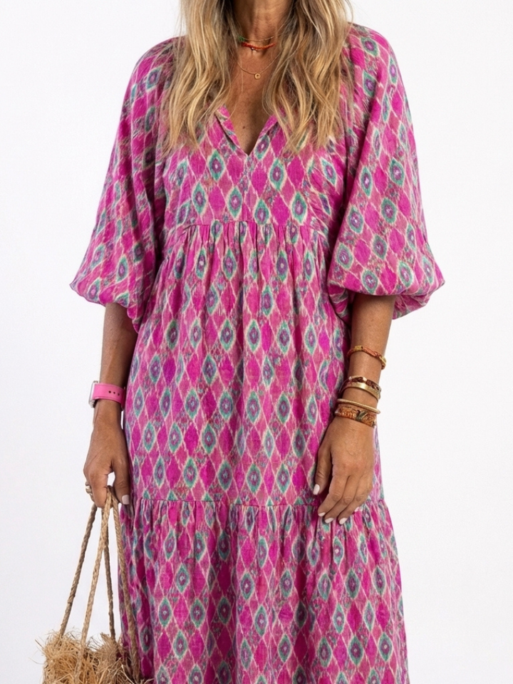 Apolline | Vestido midi de manga tres cuartos y escote en V con estampado