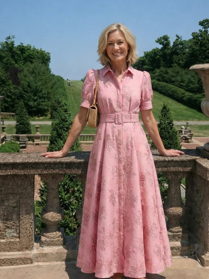 Xanthea | Vestido maxi de mangas cortas, ajustado, con estampado floral