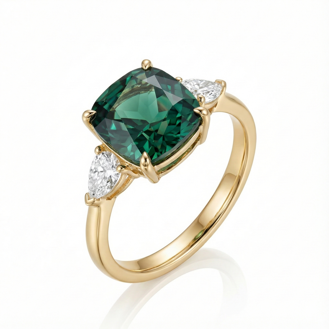 Anillo de oro con piedras preciosas verdes inspirado en lo vintage