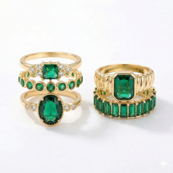 Conjunto de Anillos de Oro Esmeralda Exquisita Zarina